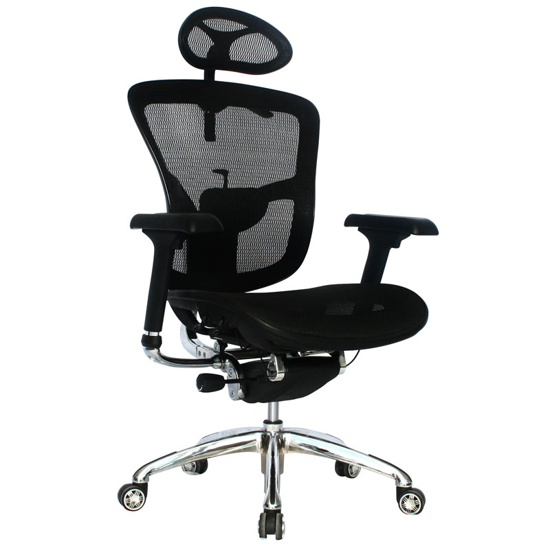 SILLA MANHATTAN LUJO  MARCO NEGRO / BRAZOS 3D / BASE CROMO / ASIENTO Y ESPALDAR EN MALLA NEGRA / CON CABECERO / PERCHERO