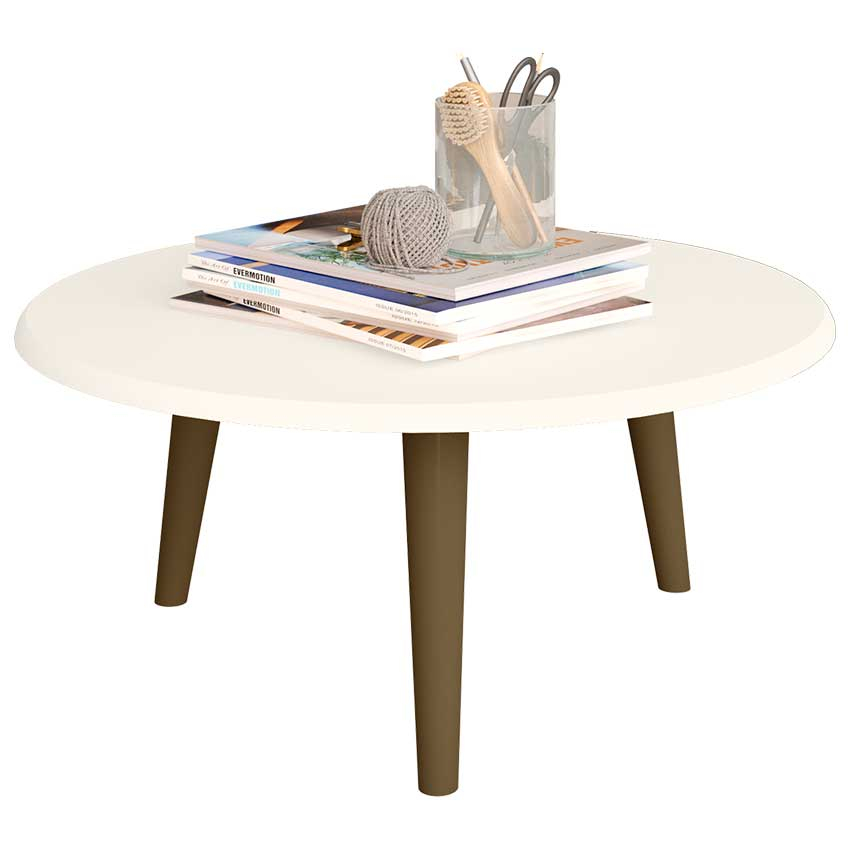 MESA DE CENTRO REDONDA BLANCA BRILLANTE PATAS MADERA