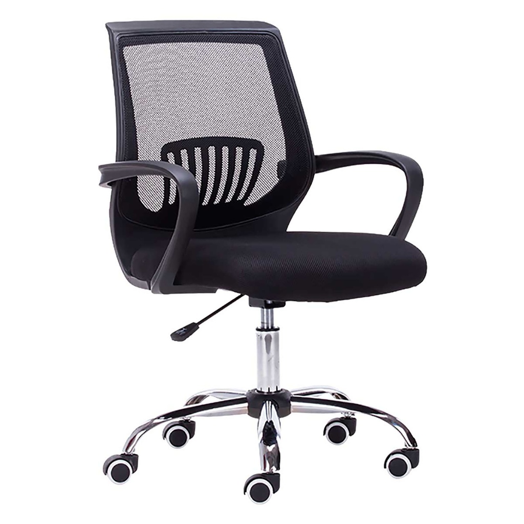 SILLA DE MALLA NEGRA OPERA SIN CABCERO CROMO BRAZOS FIJOS ERGONOMICA