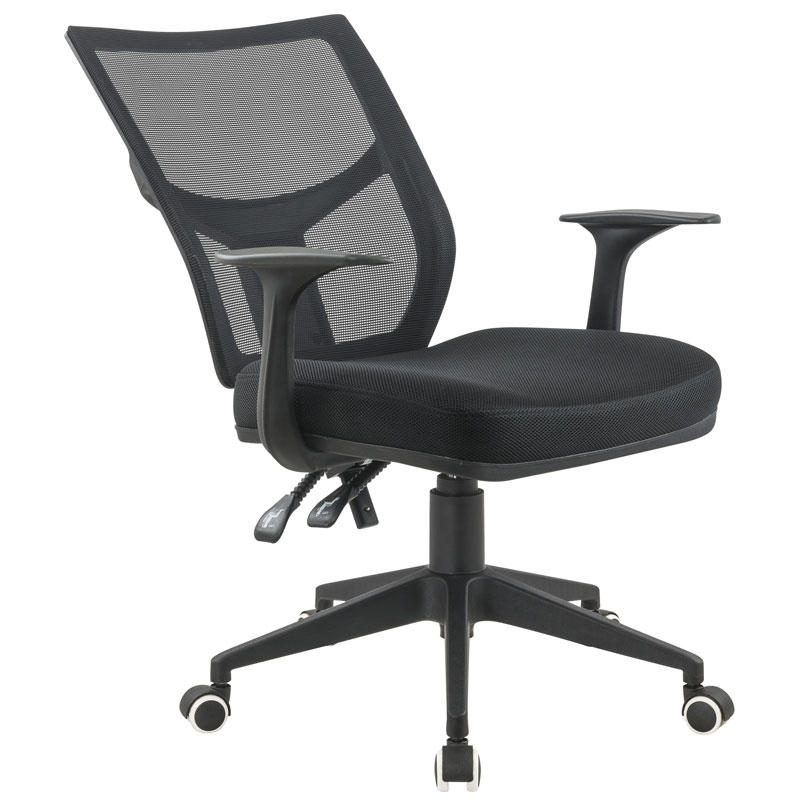 SILLA LIVORNO BASE NYLON / BRAZO FIJO / ASIENTO GRADUABLE EN ALTURA EN PAÑO NEGRO /ESPALDA EN MALLA NEGRA / MECANISMO SINCRO MULTIPLES BLOQUEOS