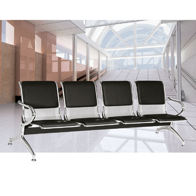 TANDEM DE 4 PUESTOS / COCA GRIS Y CROMO/ ASIENTO Y ESPALDA TAPIZADOS EN CUERO SINTETICO NEGRO