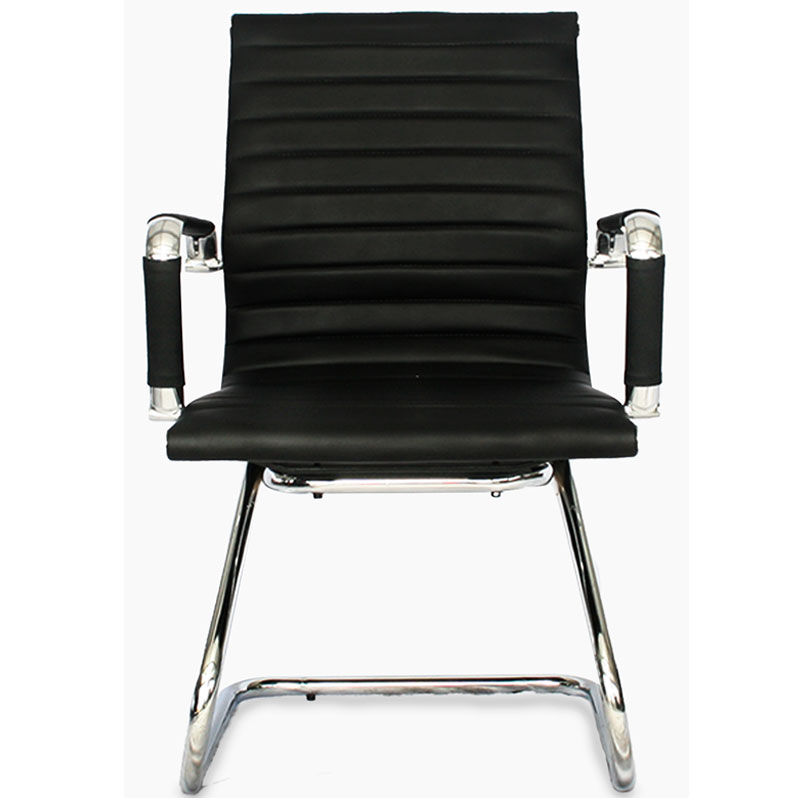 SILLA INTERLOCUTORA POLONIA / ESTRUCTURA CROMO / ASIENTO Y ESPALDA TAPIZADO EN CUERO SINTETICO NEGRO
