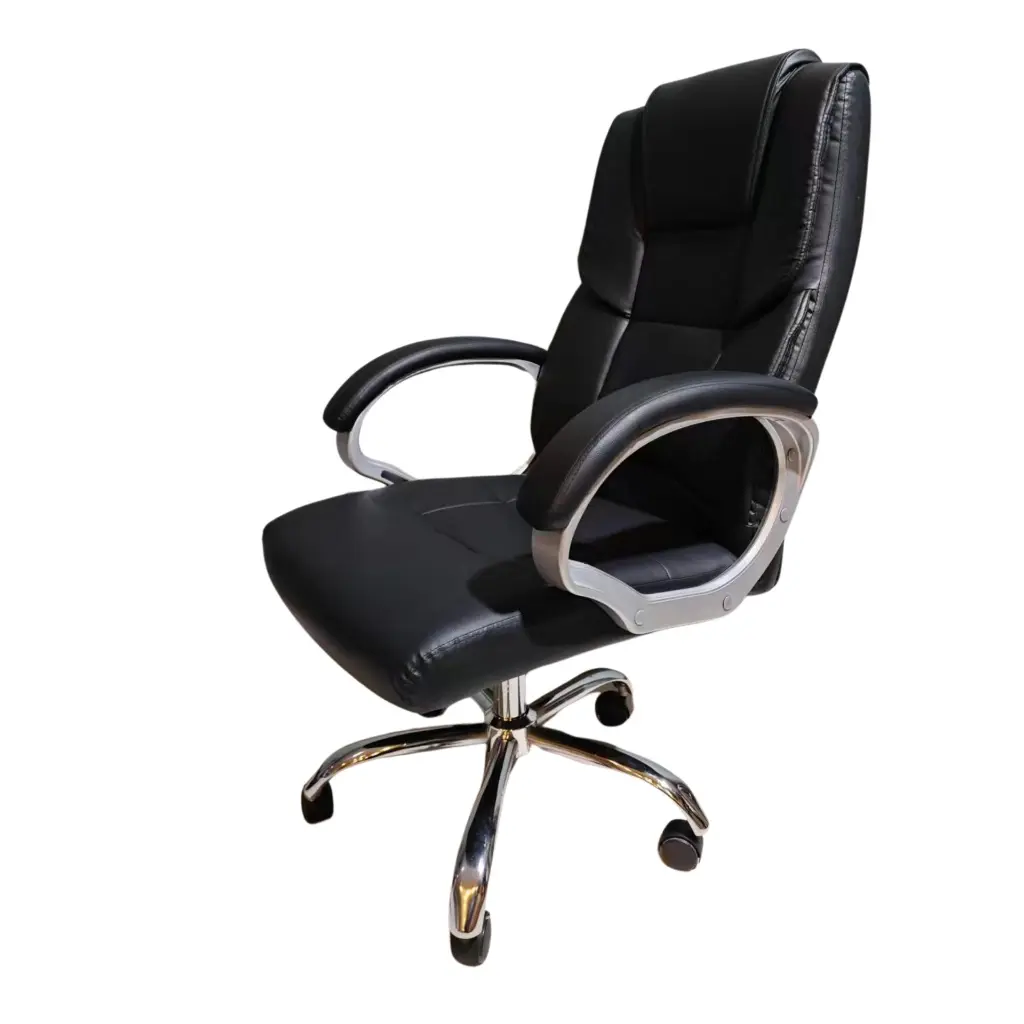 SILLA GERENCIAL CUERINA PETRONA BRAZOS FIJOS BASE CROMO NEGRA ERGONOMICA
