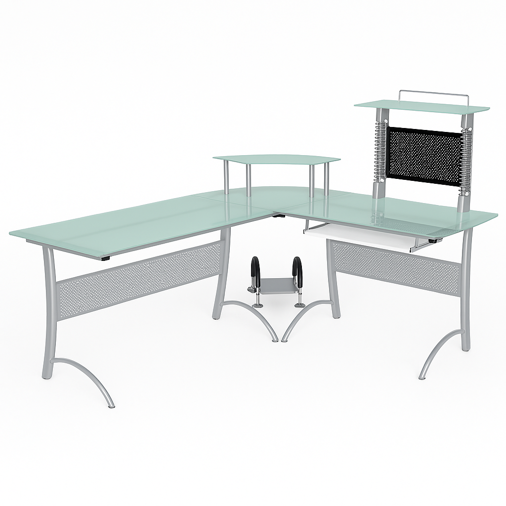 ESCRITORIO GRANDE IGUAZU LARGO 175X150 CM ANCHO 58CM VIDRIO BLANCO 8MM