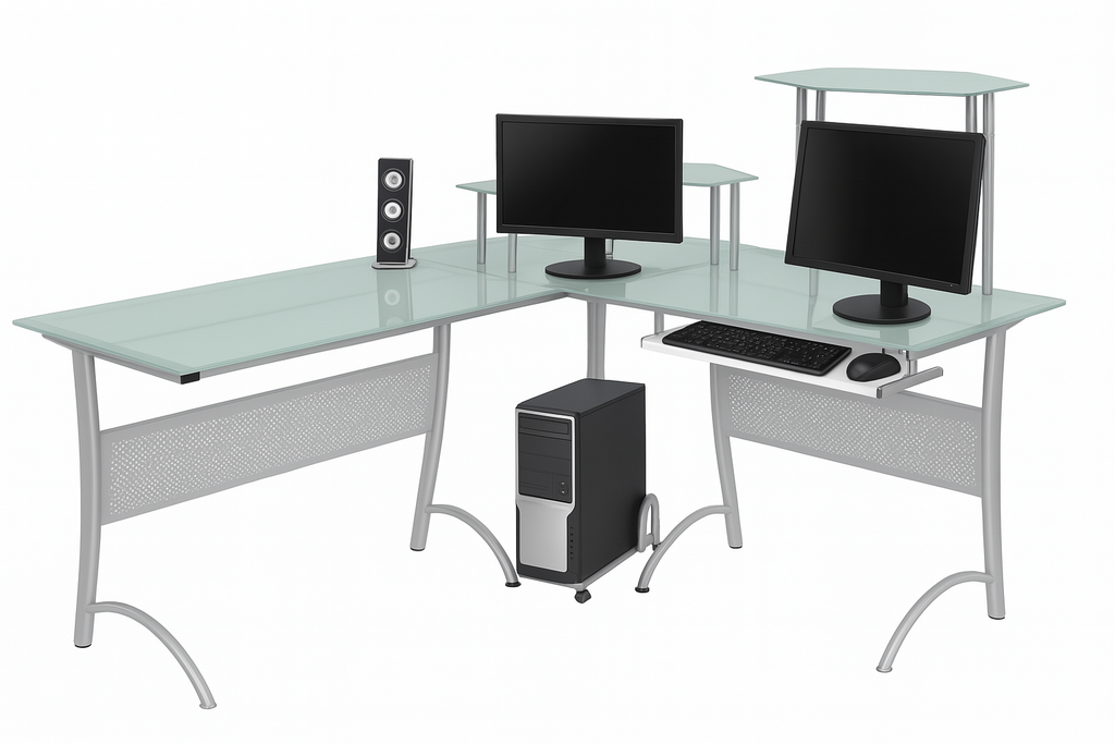 ESCRITORIO GRANDE IGUAZU LARGO 175X150 CM ANCHO 58CM VIDRIO BLANCO 8MM