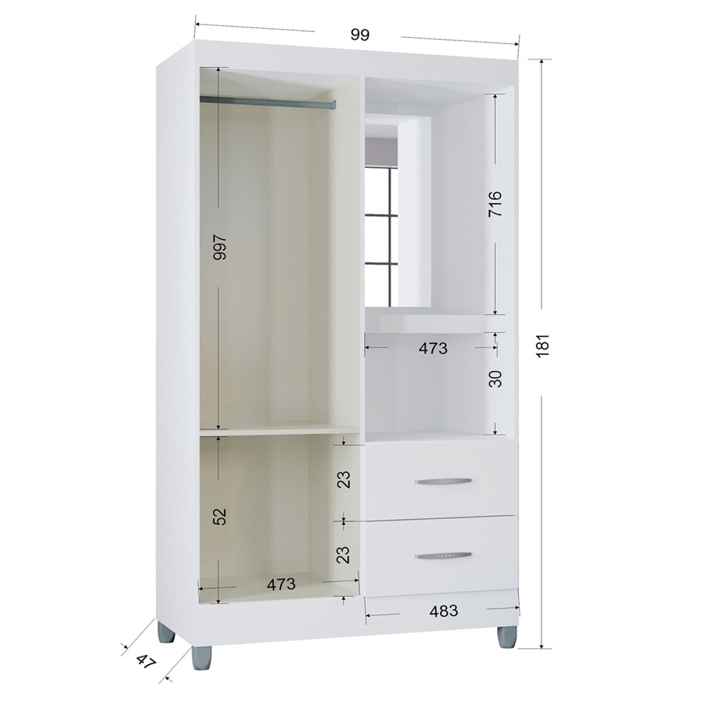 ARMARIO CLOSET 2 PUERTAS BLANCO CORDOBA 164CM X 181 CM MDP