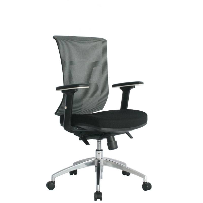 SILLA OSAKA GERENTE / BRAZOS 3D / BASE ALUMINIO / ASIENTO EN PAÑO NEGRO / ESPALDA EN MALLA GRIS / SIN CABECERO / MECANISMO CON SLIDER