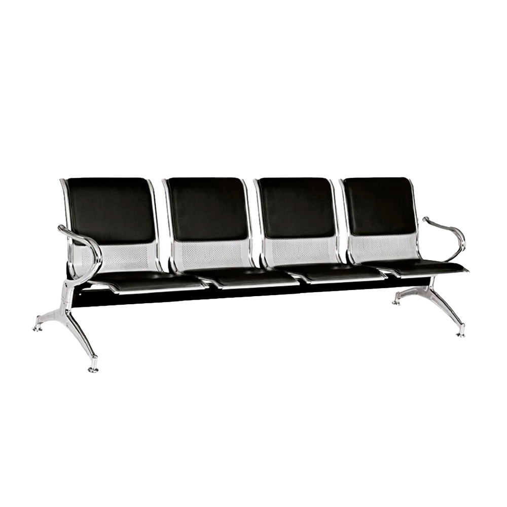 TANDEM DE 4 PUESTOS / COCA GRIS Y CROMO/ ASIENTO Y ESPALDA TAPIZADOS EN CUERO SINTETICO NEGRO