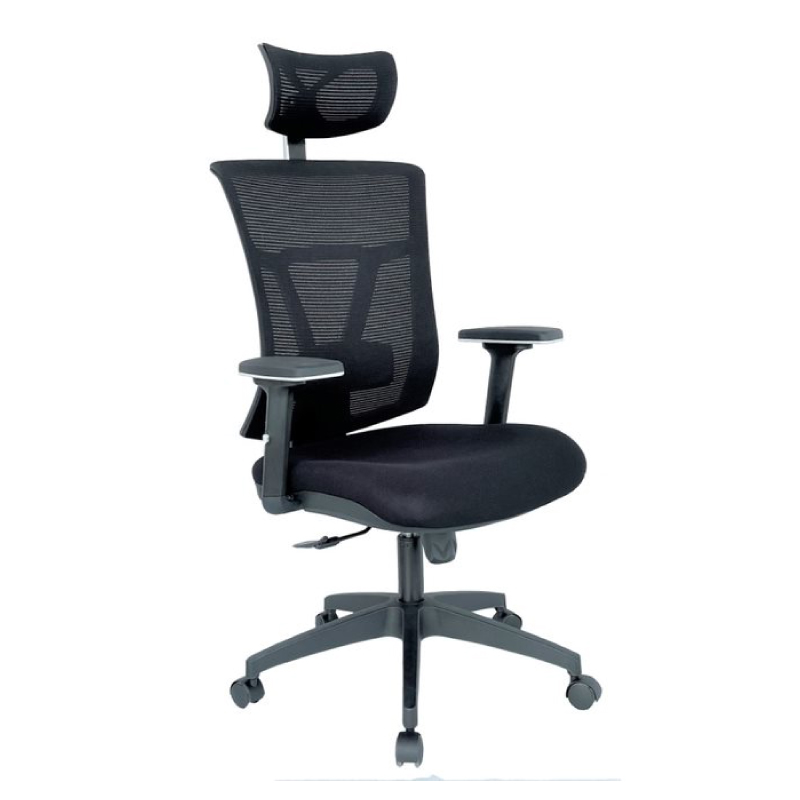 SILLA DE OFICINA BRAZOS GRADUABLES BASE NYLON ASIENTO PAÑO CON CABECERO MALLA NEGRA KABUL