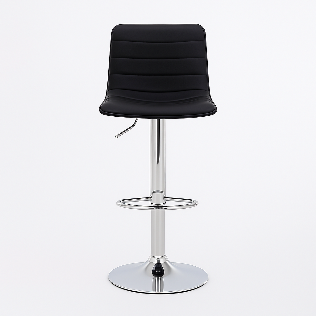 SILLA BAR ALTA BASE NEGRA METALICA REGULABLE CUERINA NEGRA TIPO L ASIENTO CON COSTURAS HORIZONTALES