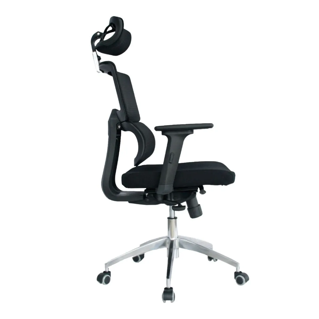 SILLA AUSTRALIA / BASE CROMO / MECANISMO BASCULANTE / BRAZO GRADUABLE EN ALTURA / ASIENTO EN PAÑO NEGRO / ESPALDA EN MALLA NEGRA / CON CABECERO