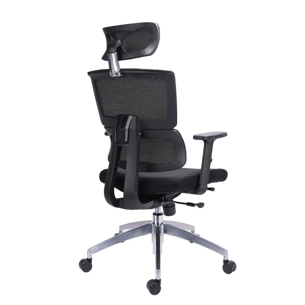 SILLA AUSTRALIA / BASE CROMO / MECANISMO BASCULANTE / BRAZO GRADUABLE EN ALTURA / ASIENTO EN PAÑO NEGRO / ESPALDA EN MALLA NEGRA / CON CABECERO