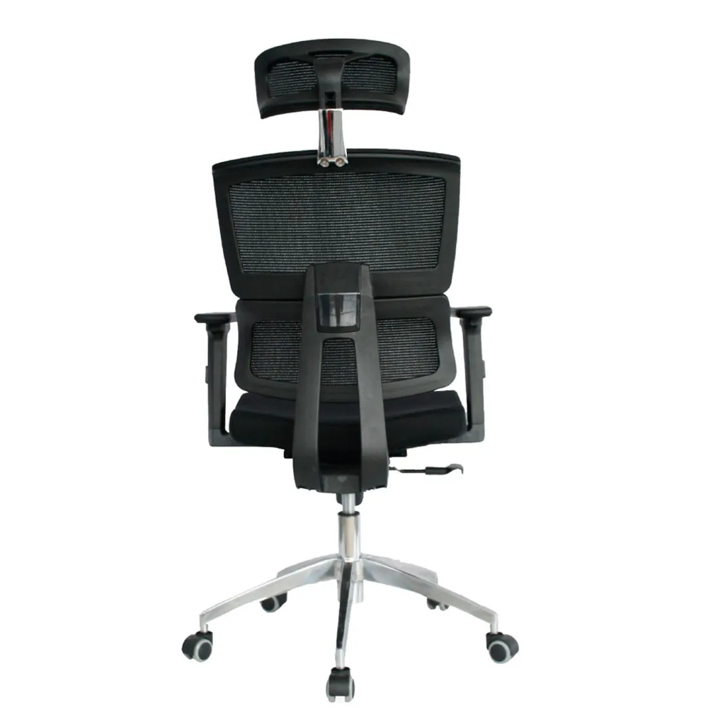 SILLA AUSTRALIA / BASE CROMO / MECANISMO BASCULANTE / BRAZO GRADUABLE EN ALTURA / ASIENTO EN PAÑO NEGRO / ESPALDA EN MALLA NEGRA / CON CABECERO
