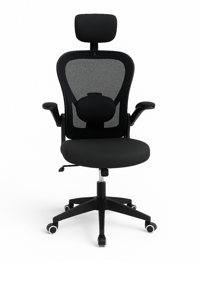 SILLA EJECUTIVA BASCULANTE CON BRAZOS ABATIBLES, ESPALDAR EN MALLA Y ASIENTO EN PAÑO - BASE NYLON ASUKA