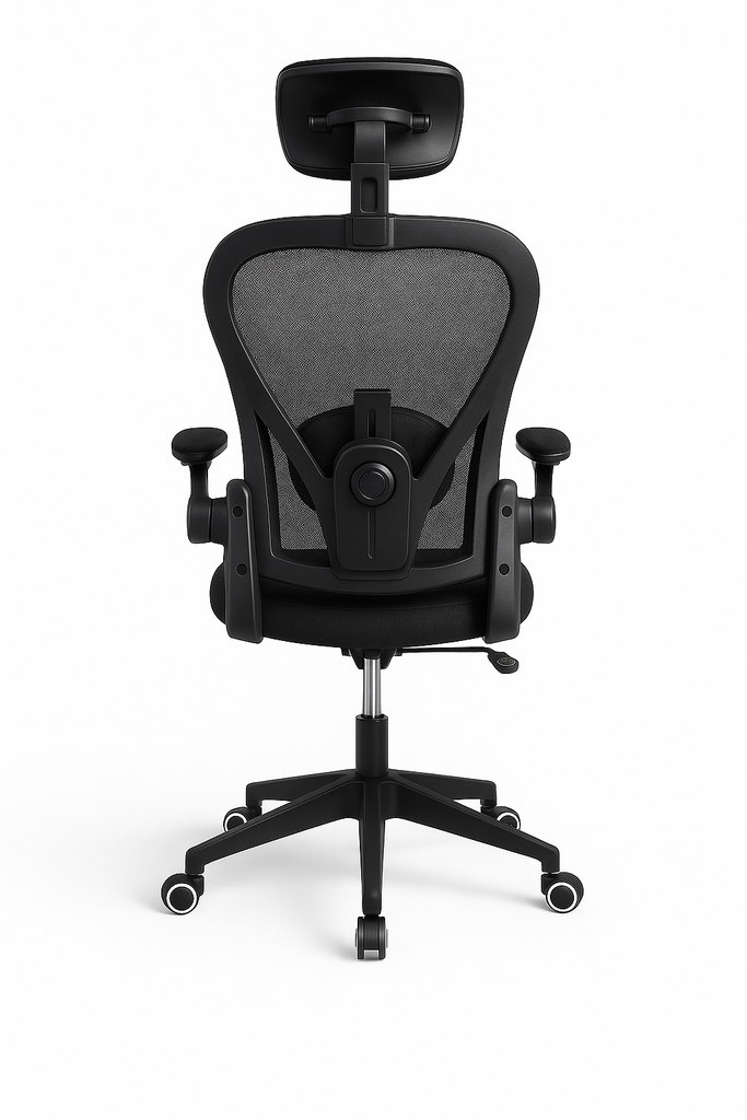 SILLA EJECUTIVA BASCULANTE CON BRAZOS ABATIBLES, ESPALDAR EN MALLA Y ASIENTO EN PAÑO - BASE NYLON ASUKA
