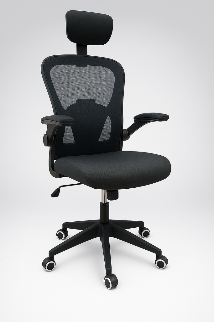 SILLA EJECUTIVA BASCULANTE CON BRAZOS ABATIBLES, ESPALDAR EN MALLA Y ASIENTO EN PAÑO - BASE NYLON ASUKA