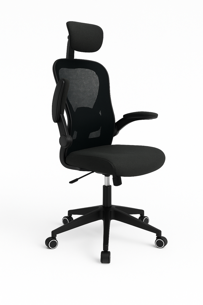 SILLA EJECUTIVA BASCULANTE CON BRAZOS ABATIBLES, ESPALDAR EN MALLA Y ASIENTO EN PAÑO - BASE NYLON ASUKA