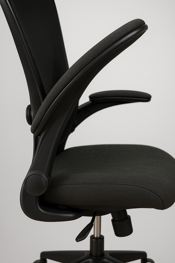 SILLA EJECUTIVA BASCULANTE CON BRAZOS ABATIBLES, ESPALDAR EN MALLA Y ASIENTO EN PAÑO - BASE NYLON ASUKA