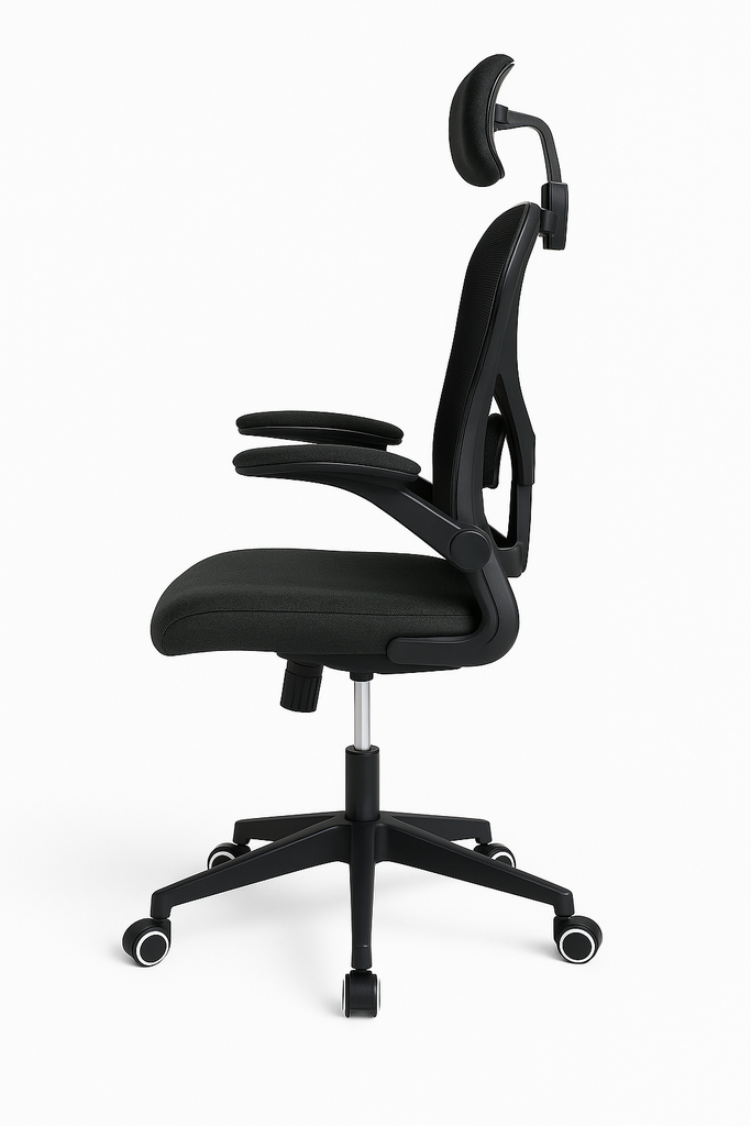 SILLA EJECUTIVA BASCULANTE CON BRAZOS ABATIBLES, ESPALDAR EN MALLA Y ASIENTO EN PAÑO - BASE NYLON ASUKA