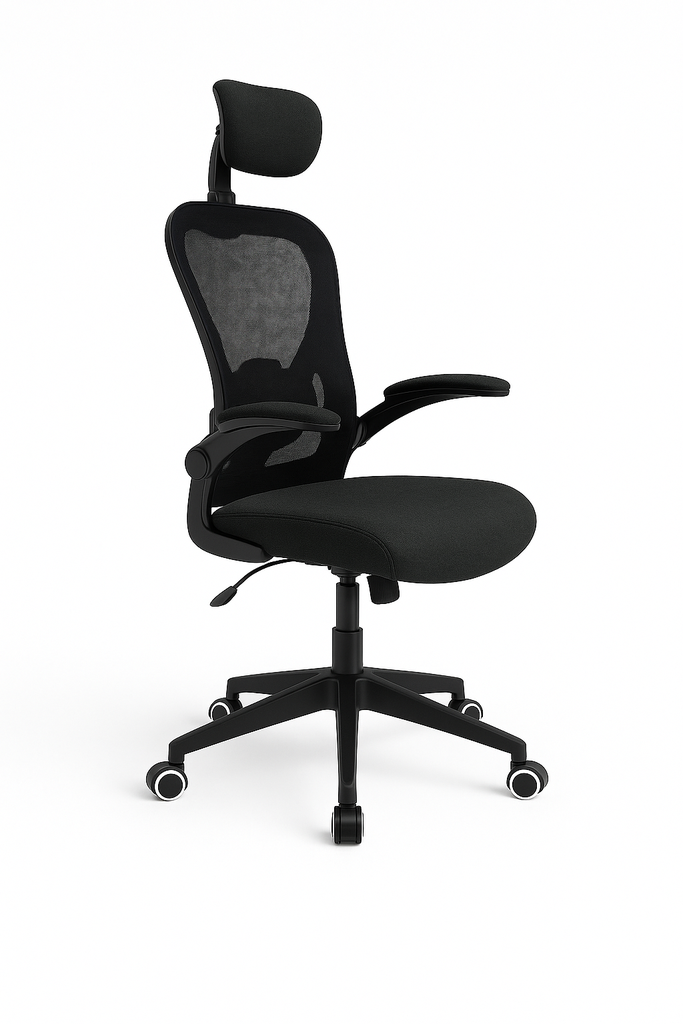 SILLA EJECUTIVA BASCULANTE CON BRAZOS ABATIBLES, ESPALDAR EN MALLA Y ASIENTO EN PAÑO - BASE NYLON ASUKA