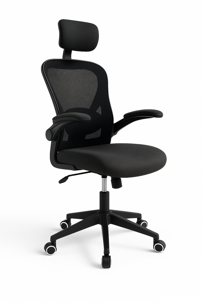 SILLA EJECUTIVA BASCULANTE CON BRAZOS ABATIBLES, ESPALDAR EN MALLA Y ASIENTO EN PAÑO - BASE NYLON ASUKA