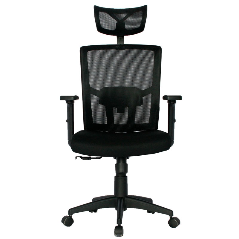 SILLA ERGONOMICA ESTAMBUL / CON CABECERO / BRAZOS GRADUABLE / BASE NYLON / ASIENTO EN PAÑO NEGRO /ESPALDA EN MALLA / NEGRA