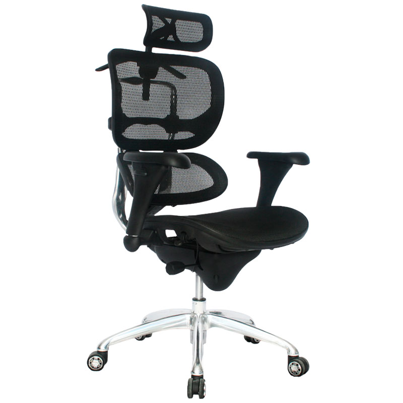 SILLA ERGOHUMAN MARCO NEGRO / BRAZOS GRADUABLE / BASE ALUMINIO / ASIENTO Y ESPALDAR EN MALLA NEGRA / CON CABECERO / PERCHERO