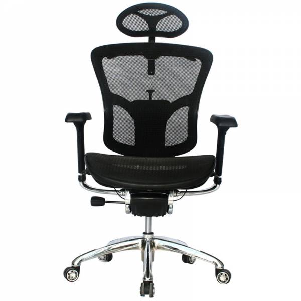 SILLA MANHATTAN LUJO  MARCO NEGRO / BRAZOS 3D / BASE CROMO / ASIENTO Y ESPALDAR EN MALLA NEGRA / CON CABECERO / PERCHERO