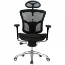 SILLA MANHATTAN LUJO  MARCO NEGRO / BRAZOS 3D / BASE CROMO / ASIENTO Y ESPALDAR EN MALLA NEGRA / CON CABECERO / PERCHERO