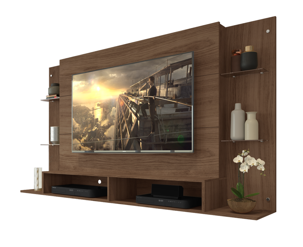 PANEL BRAGA 60` CON REPISAS DE VIDRIO COLOR MADERA 191X 105,5 CM