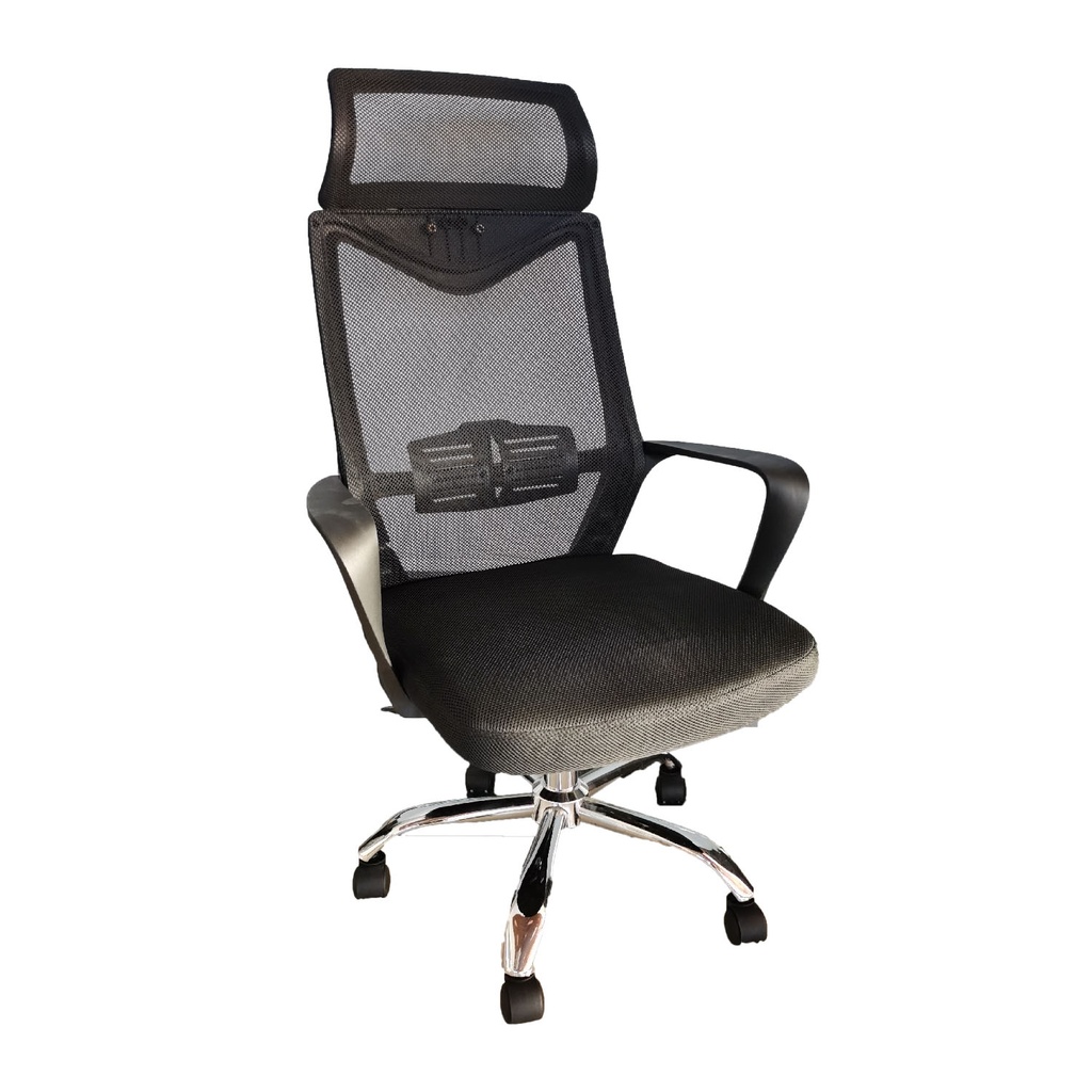 SILLA ERGONOMICA SOPORTE LUMBAR / CABECERO NEGRA CROMO GIRATORIA TAIPEI