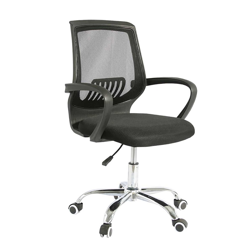 SILLA DE MALLA NEGRA OPERA SIN CABCERO CROMO BRAZOS FIJOS ERGONOMICA