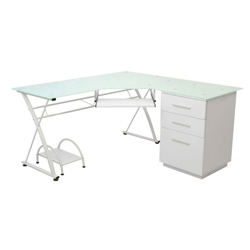 ESCRITORIO VIDRIO TEMPLADO BLANCO DE 8 MM / ARCHIVO LADO IZQUIERDO EN L