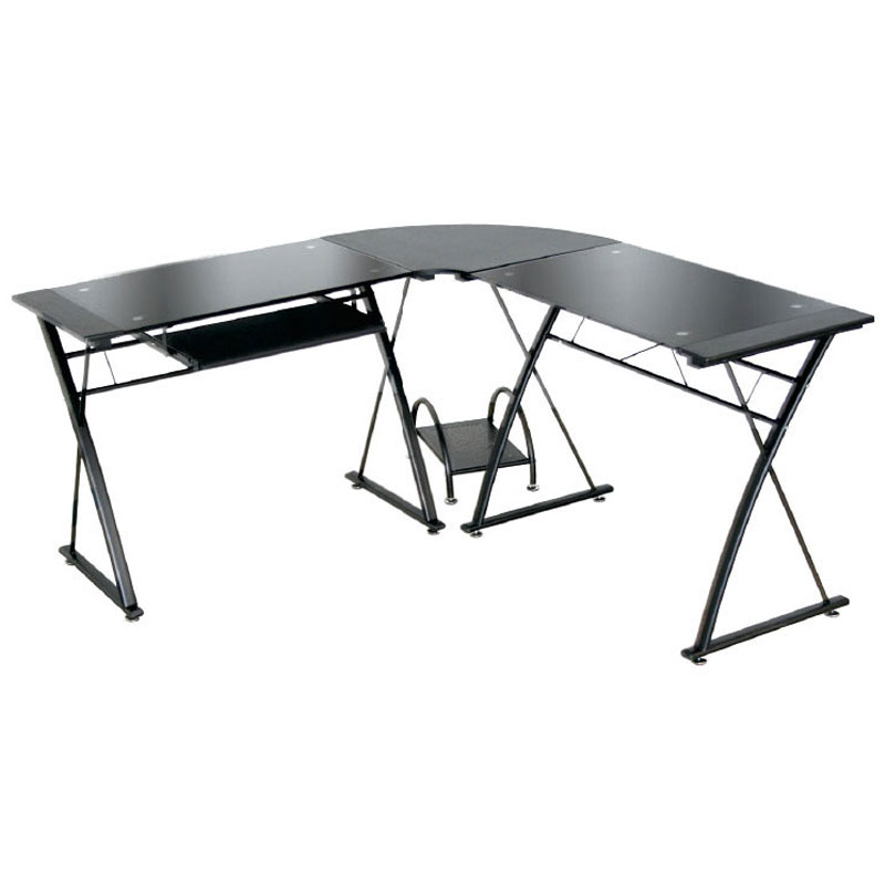 ESCRITORIO SAHARA EN L VIDRIO TEMPLADO NEGRO DE 8 MM / 150 X 150 X 58 CM