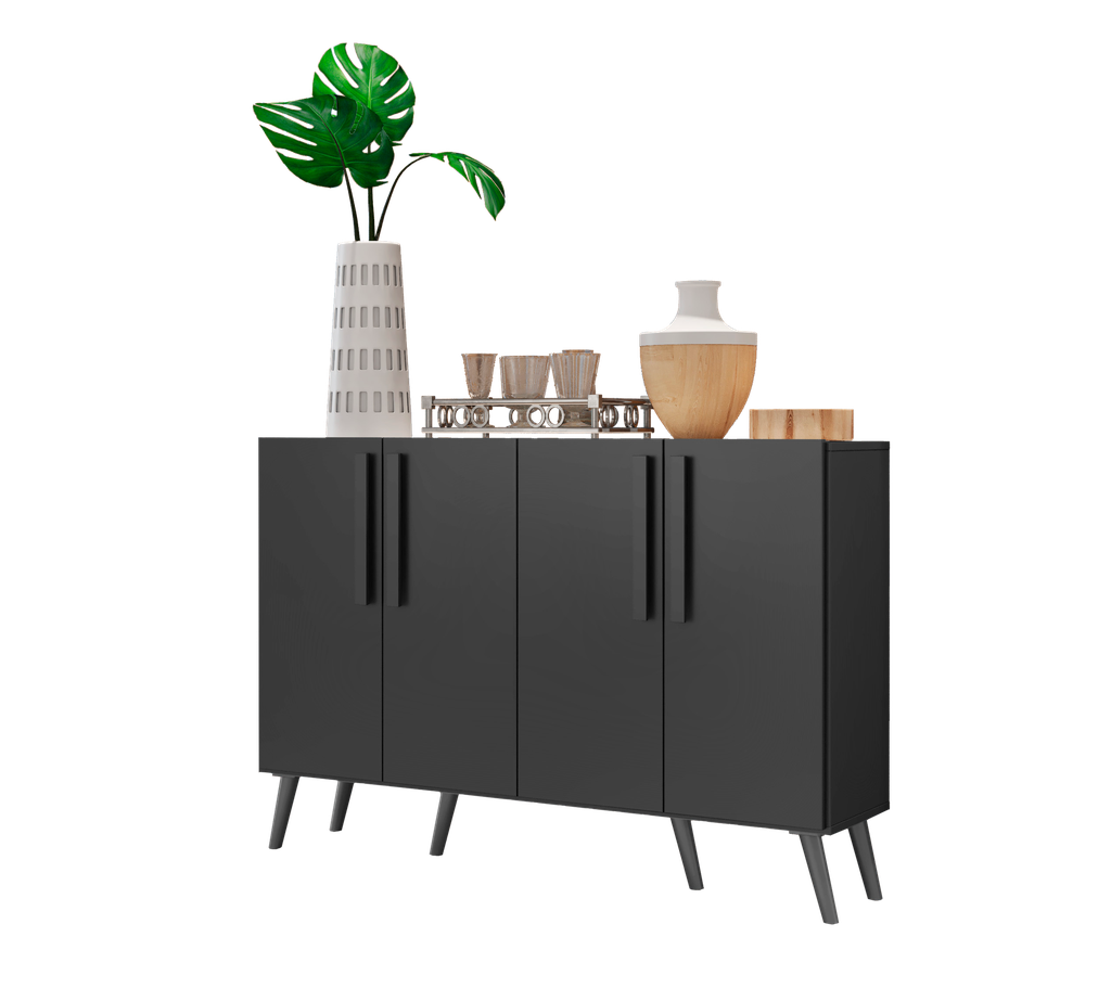 APARADOR BUFFETDE 4 PUERTAS NEGRO/ MANIJAS Y PIES RETRO NEGRO 4 PUERTAS