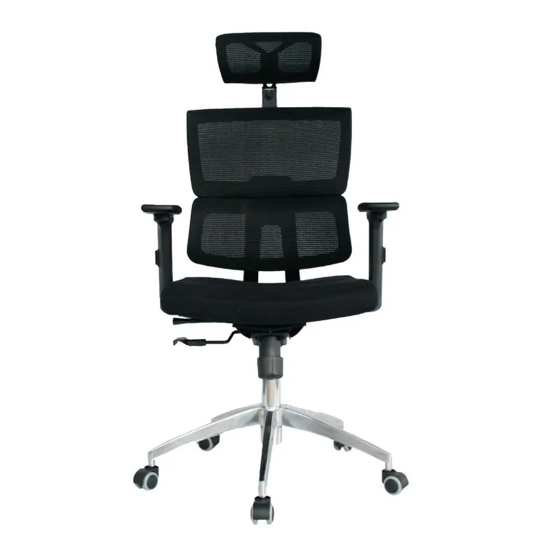 SILLA AUSTRALIA / BASE CROMO / MECANISMO BASCULANTE / BRAZO GRADUABLE EN ALTURA / ASIENTO EN PAÑO NEGRO / ESPALDA EN MALLA NEGRA / CON CABECERO