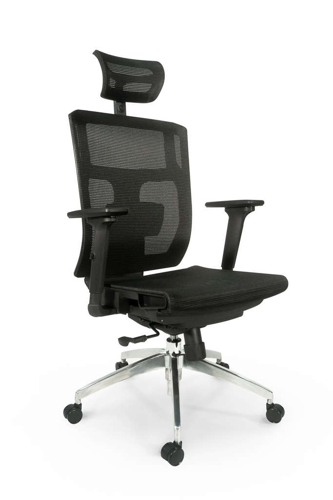 SILLA BUDAPEST BRAZOS 3D BASE ALUMINIO RECLINABLE PAÑO NEGRO CABECERO