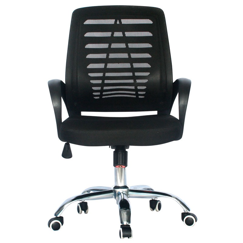 SILLA ESPAÑA / BASE CROMO / ASIENTO PAÑO NEGRO / ESPALDA EN MALLA NEGRA / ERGONOMICA / BRAZOS FIJOS
