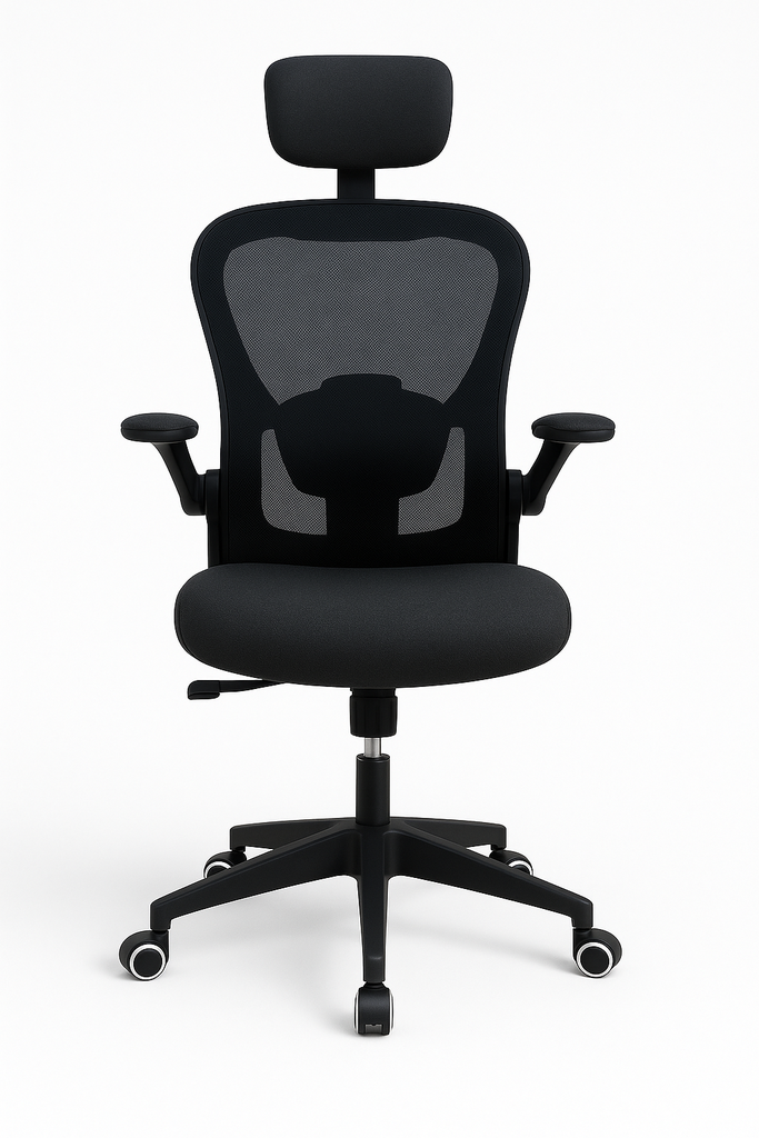 SILLA EJECUTIVA BASCULANTE CON BRAZOS ABATIBLES, ESPALDAR EN MALLA Y ASIENTO EN PAÑO - BASE NYLON ASUKA