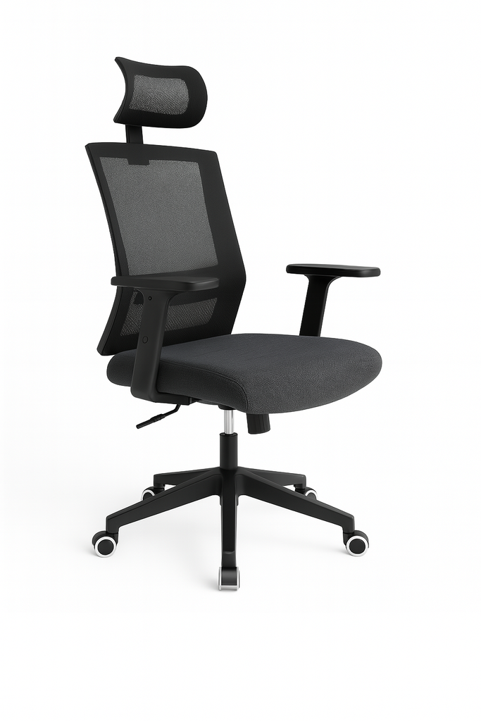 SILLA OFICINA BRAZOS GRADUABLES DE PAÑO CON CABECERO,BASE NYLON Y NEGRA MASAKI