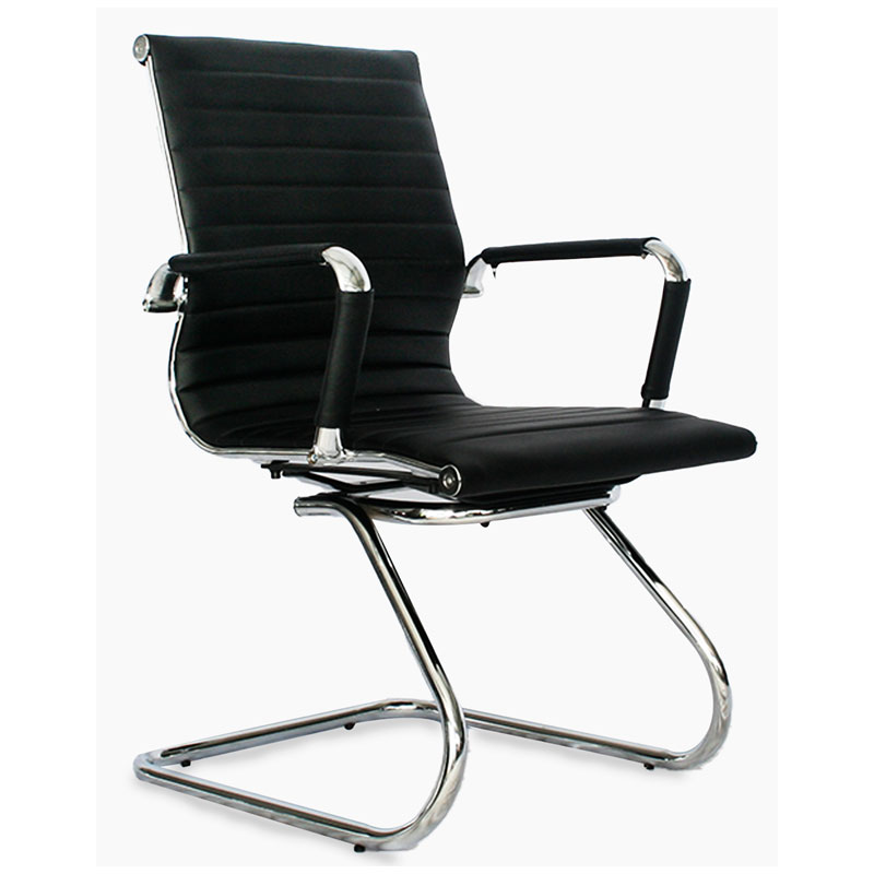 SILLA INTERLOCUTORA POLONIA / ESTRUCTURA CROMO / ASIENTO Y ESPALDA TAPIZADO EN CUERO SINTETICO NEGRO