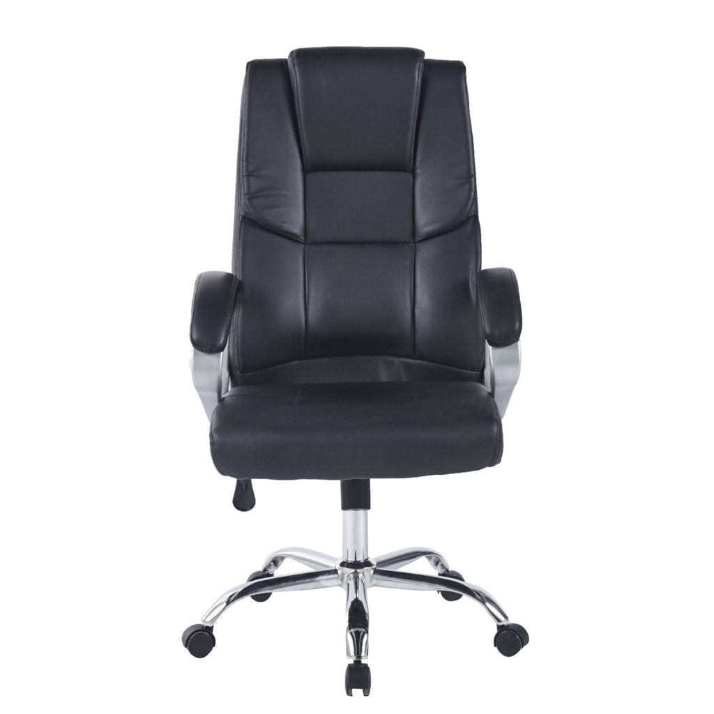 SILLA GERENCIAL CUERINA PETRONA BRAZOS FIJOS BASE CROMO NEGRA ERGONOMICA