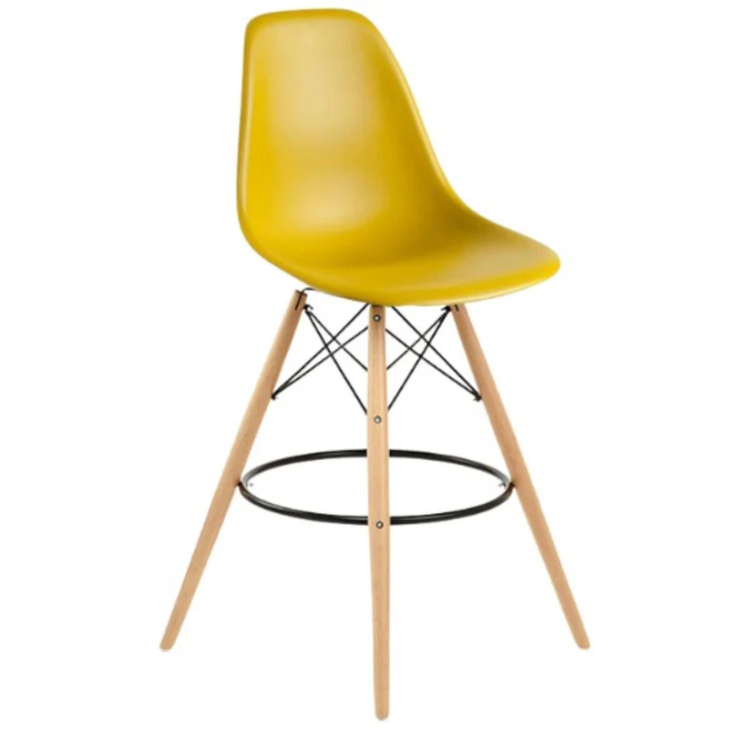 SILLA BAR EAMES PATAS DE MADERA DORADO CON DESCANSAPIES POLIPROPILENO