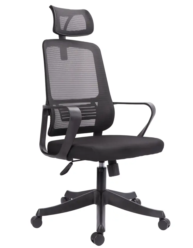 SILLA DE OFICINA BRAZOS FIJOS BASE NYLON ESPALDA MALLA SOPORTE LUMBAR FIJO CON CABECERO