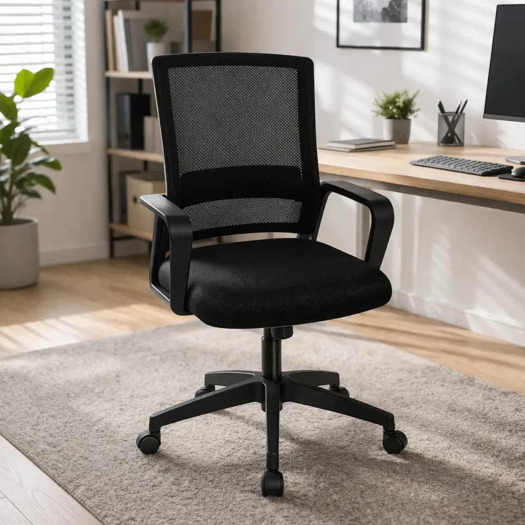 SILLA ERGONOMICA MALLA NEGRA BASE NYLON BRAZO FIJO SIN CABECERO DOMUS