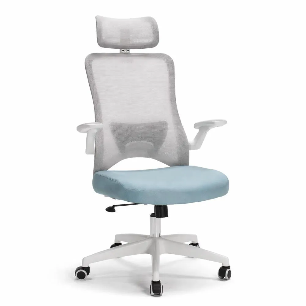 SILLA GERENCIAL SOBERANA BLANCA Y AZUL BRAZOS ABATIBLES CON CABECERO