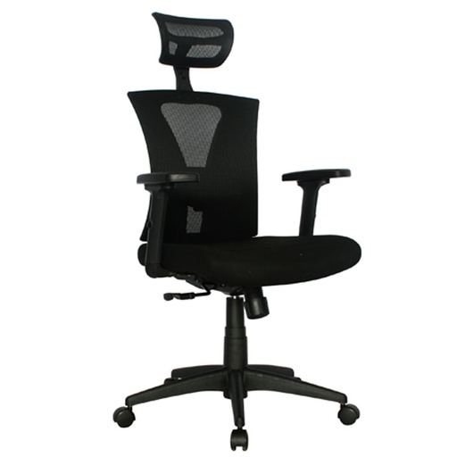 [003-0724+003-0820] SILLA OFICINA EN MALLA NEGRA / GIRATORIA / ERGONOMICA / BRAZOS GRADUABLES / APOYO LUMBAR  / CABECERO 2D / SHANGHAI NYLON