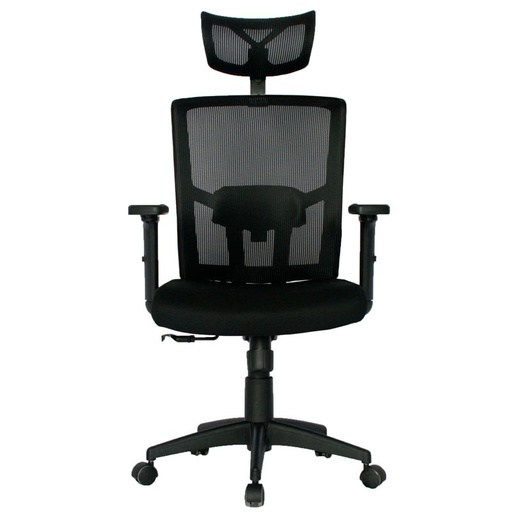 [003-0757+003-0810] SILLA ERGONOMICA ESTAMBUL / CON CABECERO / BRAZOS GRADUABLE / BASE NYLON / ASIENTO EN PAÑO NEGRO /ESPALDA EN MALLA / NEGRA