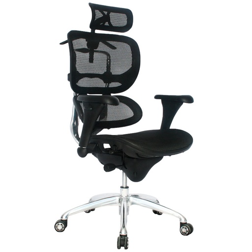 [(003-0874 / 003-1592)] SILLA ERGOHUMAN MARCO NEGRO / BRAZOS GRADUABLE / BASE ALUMINIO / ASIENTO Y ESPALDAR EN MALLA NEGRA / CON CABECERO / PERCHERO