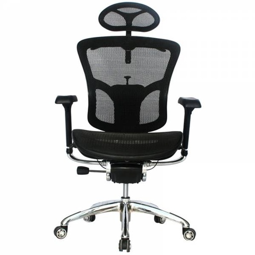 [003-0876+003-1594] SILLA MANHATTAN LUJO  MARCO NEGRO / BRAZOS 3D / BASE CROMO / ASIENTO Y ESPALDAR EN MALLA NEGRA / CON CABECERO / PERCHERO